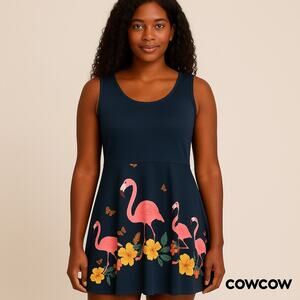 Cowcow Aegean Blue Dress w/Flamingos, Flowers & Butterflies Sz. 2X